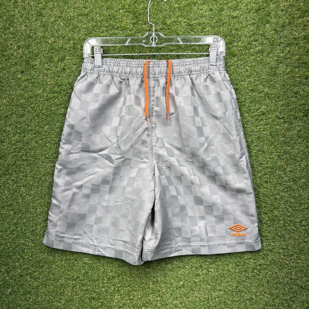 Shiney Umbro Soccer Shorts Boys Large 12/14 Gray Checkered Pattern Futbol